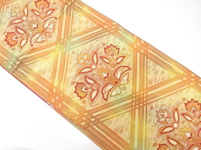 JAPANESE NAGOYA OBI / CHIKUZEN HAKATA / WOVEN DIAGONAL GRID